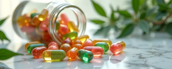 Composition artistique représentant la beauté intérieure avec des capsules translucides révélant des ingrédients naturels colorés
