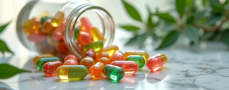 Composition artistique représentant la beauté intérieure avec des capsules translucides révélant des ingrédients naturels colorés