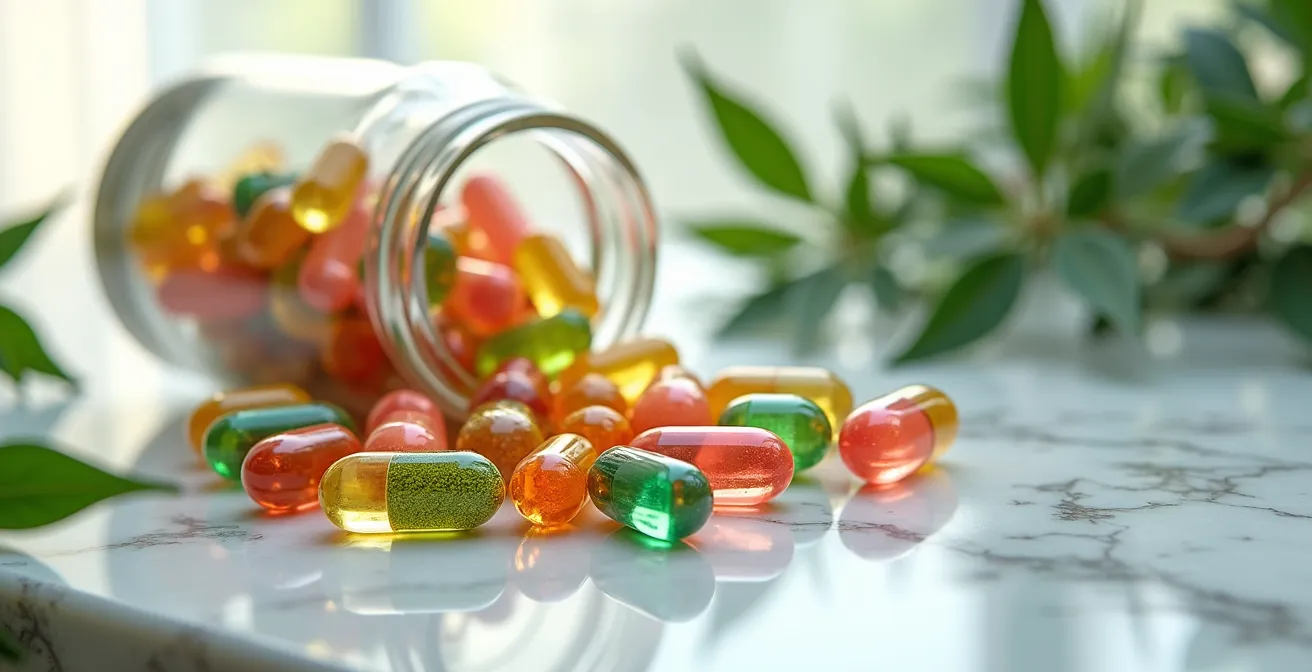 Composition artistique représentant la beauté intérieure avec des capsules translucides révélant des ingrédients naturels colorés