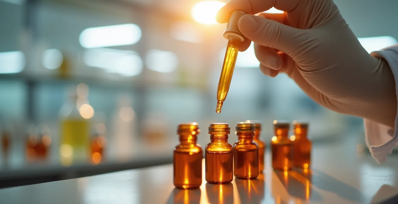 Main gantée tenant une pipette dorée au-dessus de flacons alignés