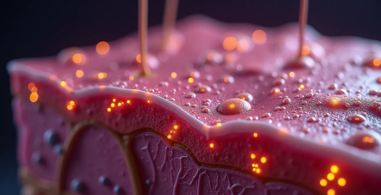 Vue microscopique des couches de l'épiderme avec points lumineux représentant les récepteurs