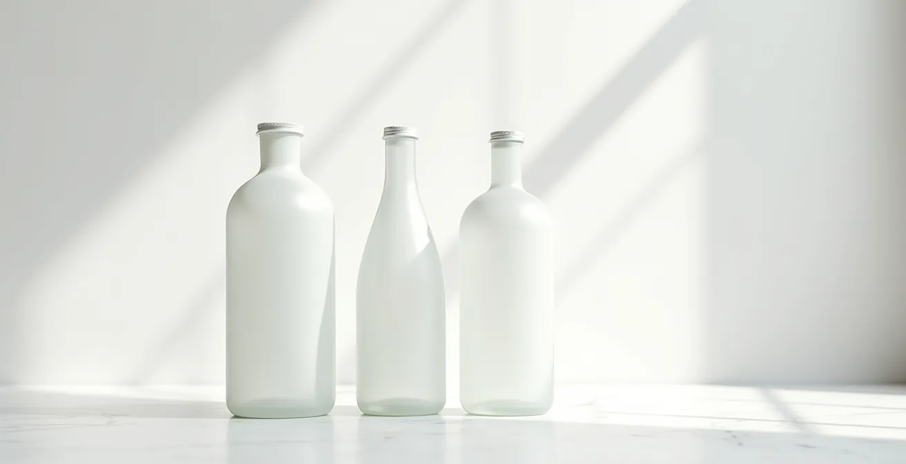 Disposition épurée de flacons cosmétiques sur marbre blanc avec reflets dorés