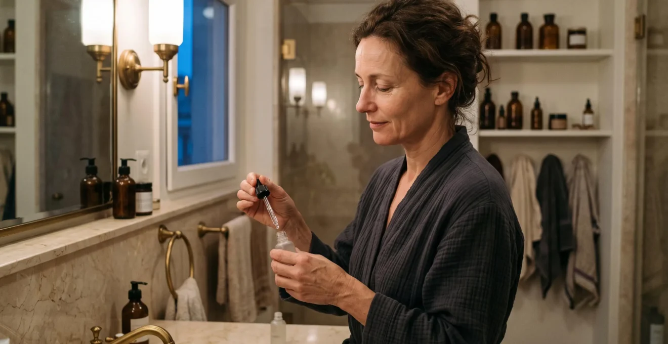 Femme d'une quarantaine d'années appliquant un sérum dans le cadre de sa routine de soin du soir