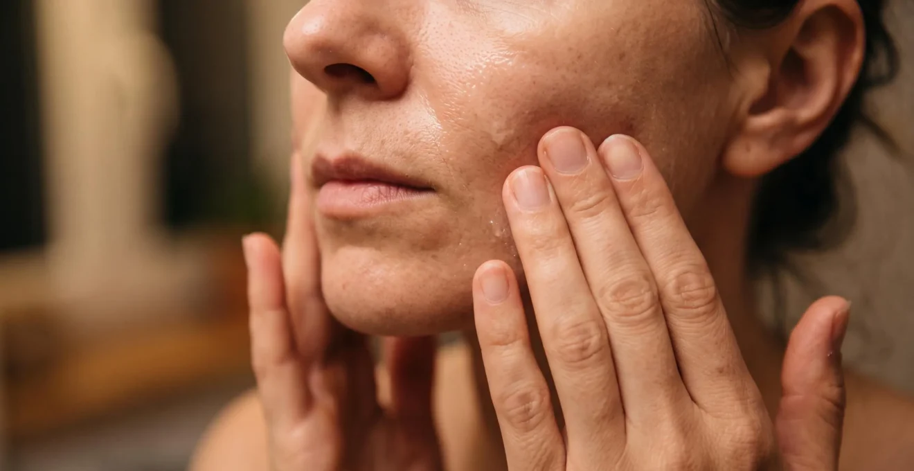 Gros plan sur des mains appliquant du sérum à l'acide hyaluronique sur la peau du visage
